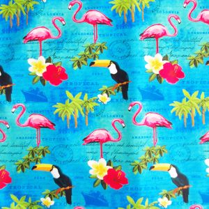 Badelycra Stoff mit Tukan und Flamingo-Muster