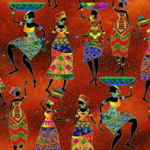 Leichter, sehr bunter Baumwollstoff aus der African Sunset Kollektion von Timeless Treasures. Der Stoff bildet afrikanische Frauen in bunten Gewänden ab. 