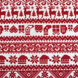 Baumwollstoff-für-Weihnachten-mit-Rentier-Socke-Geschenk-Muster-rot-weiss