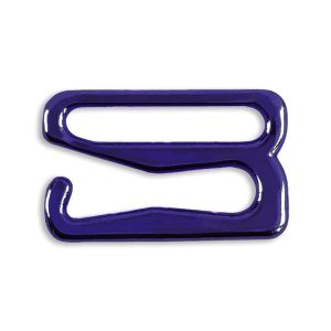 Nahaufnahme von blauviolettem BH-Haken (G-Hook), 15mm Durchlass. Metallhaken für BH-Träger, stabil & strapazierfähig. Essentiell fürs BH-Nähen.