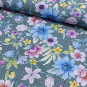 Nahaufnahme Dekostoff Wiesenblumen auf Grau: Detailansicht der stabilen Canvas-Struktur mit buntem Digitaldruck f&uuml;r Taschen und Kissen bei Spitzentraum.ch.