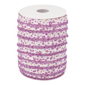 Schrägband mit Spitzenkante in flieder und Blumenmuster in  violett
