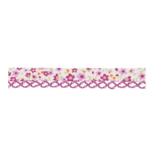 Schrägband mit Spitzenkante in flieder und Blumenmuster in  violett