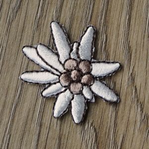 Eine einzelne Edelweiss Stick-Applikation (Aufbügler) in Offwhite und Hellbraun mit dunkelgrauem Umriss, platziert auf einem Holz-Hintergrund. Durchmesser 3 cm.