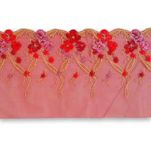 Tüllstickerei-Spitze mit Blumenmuster in rot - 15cm breit