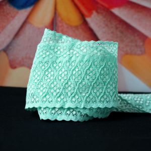 Detailaufnahme eines 7cm breiten, elastischen Spitzenbands in frischem Mintgrün vor buntem Hintergrund. Die Spitze zeigt beidseitig wellige Kanten und eine matte Textur mit subtilen, glänzenden Akzenten im Muster. Die weiche Beschaffenheit und die feine S