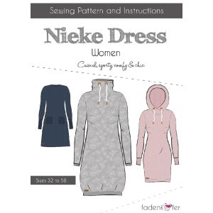 Lässiges Schnittmuster von Fadenkäfer 'Nieke' für Damen und Mädchen: das Schnittmuster ist für ein Tunika oder ein kurzes Kleid mit breitem Kragen oder Kaputze.