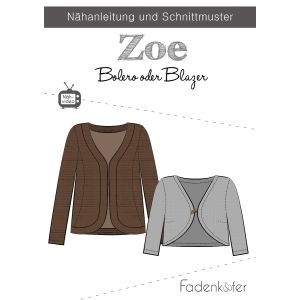 Bolero Schnittmuster in zwei Längen (Blazer) für Damen oder Mädchen von Fadenkäfer.