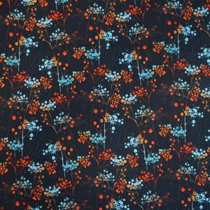 French Terry Stoff mit Pflanzenmuster in schwarz-orange-türkis