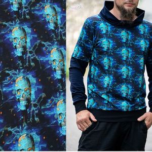 French Terry Stoff  mit Totenkopf Muster in blau und türkis