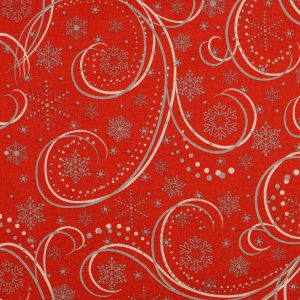 Weihnachtlicher Stoff in rot mit Schneeflockenmuster und Ornamenten in grau und offwhite und leicht glänzenden Lurexfäden. Der Stoff ist perfekt für Weihnachtsdeko, Samichlaussäckli; usw.