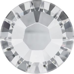 Nahaufnahme eines Hotfix Strasssteines in Crystal (SS10). Zeigt den Schliff und den klaren Glanz des einzelnen Glassteines.