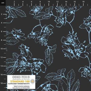 Jersey Stoff in schwarz mit mittelgrossen, blauen Blumen