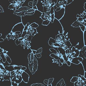 Jersey Stoff in schwarz mit mittelgrossen, blauen Blumen