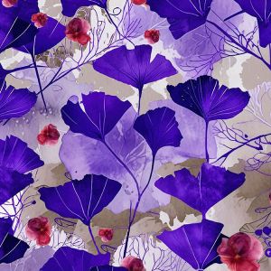Jersey Stoff mit großen violetten Ginkgos und roten Stiefmütterchen auf Taupe/Violett. Blütengröße ca. 4cm. OEKO-TEX®.