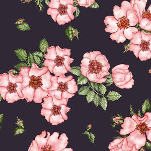 Jersey Stoff in schwarz mit Rosenmuster in rosa