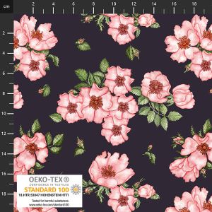 Jersey Stoff in schwarz mit Rosenmuster in rosa