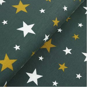 Jersey Stoff in waldgrün mit Sternmuster in ocker und weiss