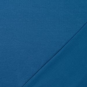 Nahaufnahme: Umgelegter Jersey-Stoff in Teal. Zeigt die glatte rechte Seite sowie die typische Struktur der Rückseite des elastischen Single-Jersey-Stoffs.