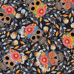 Jersey Stoff mit bunten Totenköpfen 'Día de Muertos'