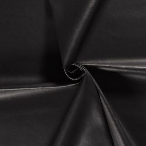 Schwarzer Lycra Stoff in matter Lederoptik, leicht glänzende Oberfläche, glatt fallend und stark dehnbar – ideal für enganliegende Kleidung wie Tanz- oder Kostümdesigns.