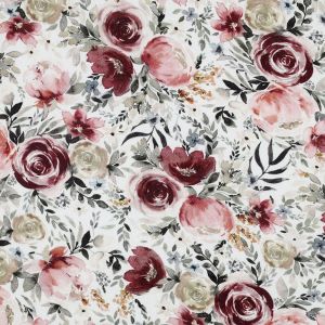 Musselin Stoff offwhite mit dunkelroten, rosa und graugrünen Blumen