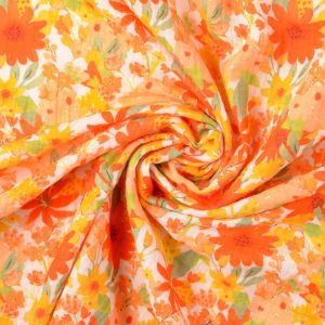 Weich fallender Musselin Stoff Blume orange/gelb mit floralem Digitaldruck, 100% Baumwolle Double Gauze für Sommerbekleidung.