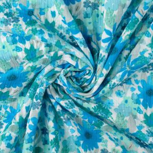 Weich fallender Musselin Stoff Blume türkis/blau mit floralem Digitaldruck, 100% Baumwolle Double Gauze für Sommerbekleidung.