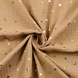 Musselin Stoff mit glänzendem Kleeblatt Muster in der Farbe Sand um Kleidung & Accessoires zu nähen