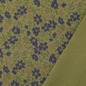 Detailansicht Jaquard Musselin: Olivgrüne Webware mit Blumenmuster und strukturierter Rückseite in Stepp-Optik, blickdicht und weich für Kleider und Hosen.