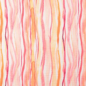 Detailansicht Musselin Digitaldruck Streifenmuster in Pink-Gelb, 100% Baumwolle, strukturierte Oberfläche der Double Gauze Webware.