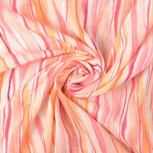Luftiger Musselin Stoff gestreift in Pink und Gelb auf Ecru, weich fallende Double Gauze Webware aus Baumwolle für Sommerprojekte.