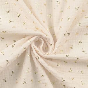 Musselin Stoff in ecru mit gold glänzenden Pusteblumen-Foliendruck um Baby-, Kinder- und Damenbekleidung zu nähen