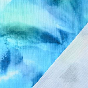 Detailansicht Musselin Batik-Design in türkis & blau, 100% Baumwolle, strukturierte Double Gauze Oberfläche für Sommerkleidung.