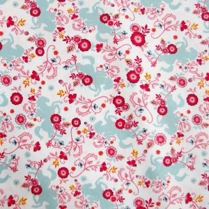 Popeline Stoff mit Pferd und Blume in weiss und rot
