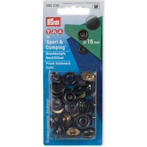 Prym Sport & Camping Druckknopf-Nachfüllset (Art. 390230) mit 10 brünierten Druckknöpfen à 15mm Durchmesser in der Originalverpackung.