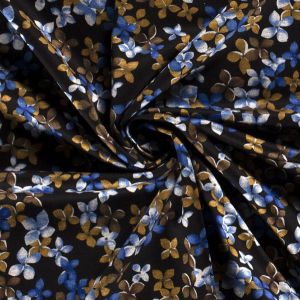 Romanit Jersey Stoff in schwarz mit Blumen in blau und taupe