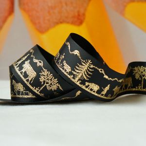 Schwarzes Satinband mit goldfarbigen Alpaufzug-Muster in Scherenschnitt-Stil - 25mm breit