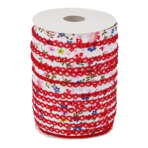 Schrägband mit Spitzenkante in rot und Blumenmuster in rosa