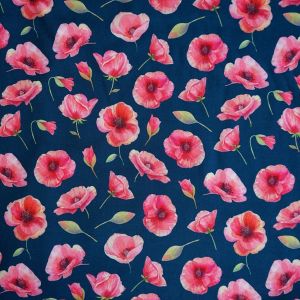 Softshell Stoff mit Mohnblumen in dunkelblau