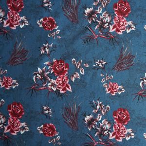  Softshell Stoff mit Rosen in jeansblau