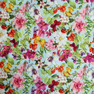 Softshell Stoff mit Schmetterlingen und Blumen in bunten Farben