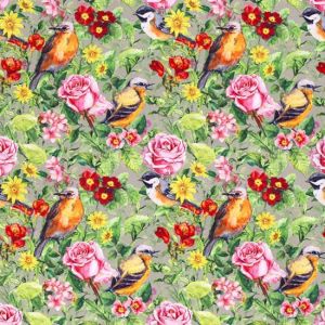 Softshell Stoff mit Vogel und Blumenmuster