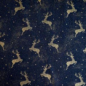 Weihnachtsstoff mit Hirschmuster in dunkelblau-gold