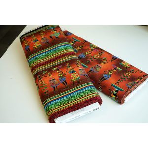 Leichter, sehr bunter Baumwollstoff aus der African Sunset Kollektion von Timeless Treasures. Der Stoff bildet afrikanische Frauen in bunten Gewänden ab. 