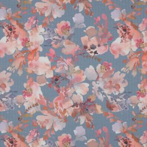 Weicher, bielastischer Ribjersey Stoff in jeansblau mit Blumenmotiven in rosa und lila Pastellfarben - für Damenbekleidung und Unterwäsche.