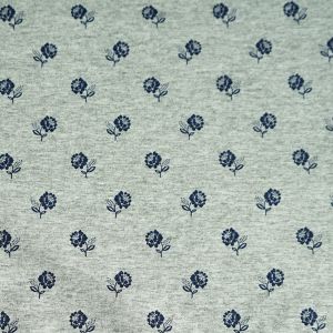 Viskose - Modal Jersey Stoff in graumelange mit blauen Rosenmuster