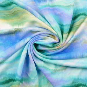 Viskose Modal Sommerstick Stoff in türkis und blau mit Regenbogenmuster für Damenbekleidung, T-Shirts, Tops, Leggings