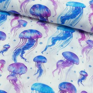 Hochwertige weisse Webware aus 100% Viskose mit buntem Meeresmotiv f&uuml;r sommerliche Blusen und Kleider.