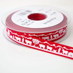 16mm breites Ripsband auf Rolle in rot mit weissem Scherenschnitt-Muster. Ideal für Taschen, Etuis und Trachten. Robust und vielseitig.